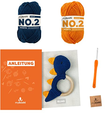 myboshi Häkelset Greifling Elias, inkl. No.2 Wolle, Nadel und Anleitung, original Label, Häkelpaket, 85% Baumwolle, 15% Kapok Blau mit Häkelnadel
