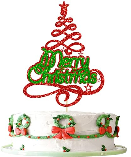 Gyufise 1 Pack Merry Christmas Cake Topper Red Green Glitter Xmas Tree Cake Pick Decorations for Merry Theme Happy New Year Party Supplies