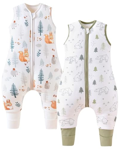 Chilsuessy 2er Pack Baby Schlafsack mit Beinen 1.5 Tog Schlafsack 100% Baumwolle Ganzjahres Schlafsack mit Füßen Babyschlafsack Kinder, 1.5 Tog Eichhörnchen + Waldbär, 70cm/Baby Höhe 75-85cm
