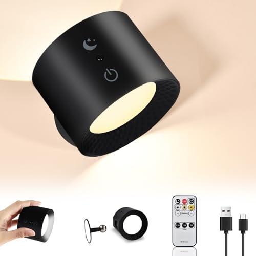 Applique Led da Parete Interno con Telecomando, Lampada da Parete Senza Fili, Batteria 2000mAh, Lampada Magnetica Girevole a 360°, Luminosità Regolabile, per Comodino Camera da Letto Soggiorno