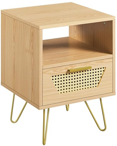 Yaheetech Nachttisch Rattan Beistelltisch Nachtschrank für Boxspringbett Nachtkommode mit 1 Schublade und 1 offenen Ablagefach Metallbeine Sofatisch 40 × 40 × 55 cm, Hellbraun