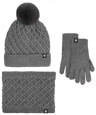 Schal Mütze und Handschuh Set Bommelmütze 3 teilig Winterset Winter Kombi Set Beanie Handschuhe Geschenk Strickmütze Beanie Handschuhe Winter Schal Set für Frauen Damen