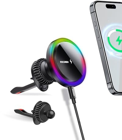Rocoren für MagSafe Autohalterung mit Ladefunktion, 15W MagSafe Ladegerät Autolüftung, induktives Aufladen mit RGB-Umgebungsbeleuchtung Erhältlich iPhone 16/15/14/13 Serie.