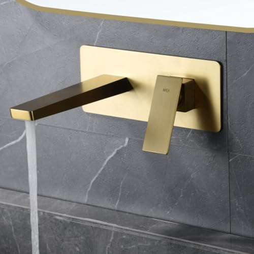 IMEX - Rubinetto Lavabo a Incasso Oro Spazzolato | Rubinetto a Incasso Bagno con Acqua Fredda e Calda | Rubinetto Monocomando Lavabo a Parete con Risparmio Idrico | Serie Pisa | Colore Dorato