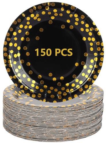 Oungy 150 PCS Black and Gold Paper Plates, 7 Inch Black Party Plates with Gold Dots, Round Paper Plates Paper Party Plates for Birthday, Anniversary, Picnic, Wedding Decorations