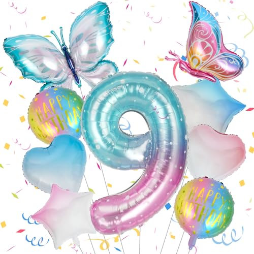 OSDUE Schmetterling Folienballon 9., Großer Schmetterlingsballons, Bunt Schmetterlinge Geburtstagsdeko 9 Jahre Mädchen, Zahl 9 Luftballon Rosa, 9. Kinder Mädchen Geburtstag Schmetterling Themen Party