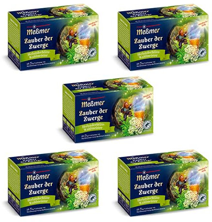 Meßmer Zauber der Zwerge | 5x Zauber der Zwerge Vorteilspaket | 90 Teebeutel | Früchtetee mit Waldmeister-Holunderblüten-Aroma | Glutenfrei | Laktosefrei | Vegan