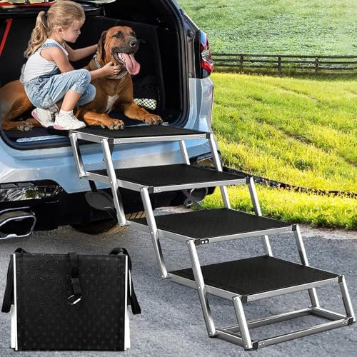 Hundetreppe Für Große Hunde, Extra Breit 4 Stufen Hunderampe Klappbar, Leichte Und rutschfeste Hundetreppe Für Auto, Lastwagen Und SUV, Unterstützung Bis 100 KG