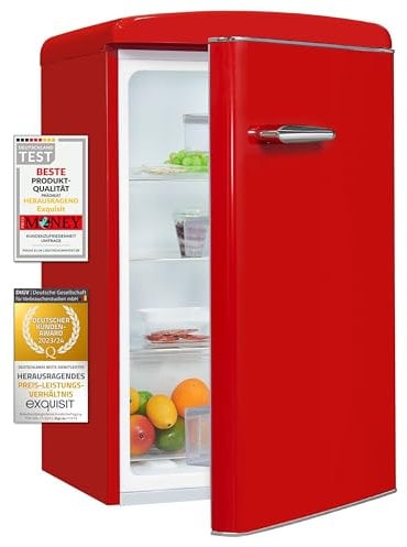 Exquisit® Frigorífico Table Top Retro, 122L, Clase E, Color Rojo, Cajón Verdulero, Altura Regulable, Ruedas Traseras, Estantes de Cristal, Luz LED, Consumo 89 kWh/año, Medidas 87,5x55x56 Cm.