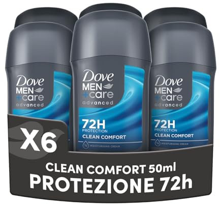 Dove Men Care, Deodorante Uomo Stick, Clean Comfort Advanced Care, Antitraspirante, Protezione Fino a 72 Ore, con Antibacterial Odour Control Technology, e 1/4 di Crema Idratante Dove, 6 Pezzi da 50ml