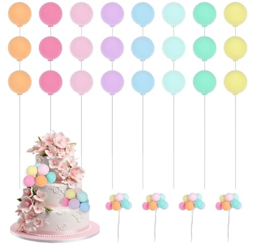 JIYIN 24 PCS Balloon Cake Topper Balls, Colorful Balloon Cake Decoration Round Balloons Cupcake Topper Beautiful Cake Insert Topper for Birthday Party Wedding Cake Decoration(Macaron Color)