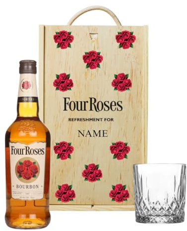 Personalised Four Roses Kentucky Straight Bourbon Whiskey Set with Whiskey Glass in a Wooden Box - 70cl (40%) - Gifts for Men, Mens Gifts, Father's Day, Christmas, Birthdays