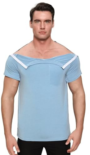 Landofgenie T-Shirt Sportif Homme Post-Opération Épaules - Vêtement Médical à Boutons-Pression pour Chimiothérapie, Rééducation et Convalescence