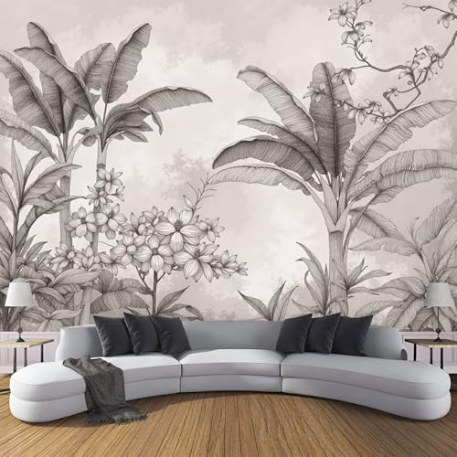 CDXNORA Papier Peint Panoramique Paysage De Jungle 200×140 cm Poster Geant Mural 3D,Plante À Feuilles De Bananier Tapisserie Photo Peinture Murale, Papier Peint en soie Gris Clair