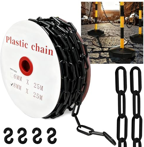 25 m Absperrkette Schwarz Kunststoffkette, 8mm Warnkette Plastikkett, Kunststoff Absperrkette mit 4 Karabinern für Barrieren in Auffahrten, Arbeitsplätzen und Garagen