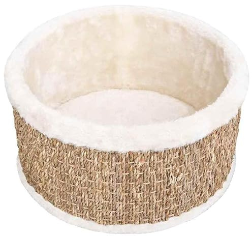 Katzenbett Rund aus Seegras & Plüsch - Katzenkorb 36 cm mit Spanplatte - Gemütliches Schlafkörbchen für Katzen - Umweltfreundlich & Atmungsaktiv