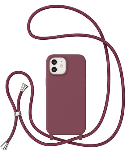 ZTOFERA Crossbody Lanyard Case for iPhone 12/12 Pro (6.1), Liquid Silicone Protective Phone Case with Strap Adjustable Neck Cord Necklace Soft Cover, Wine Red
