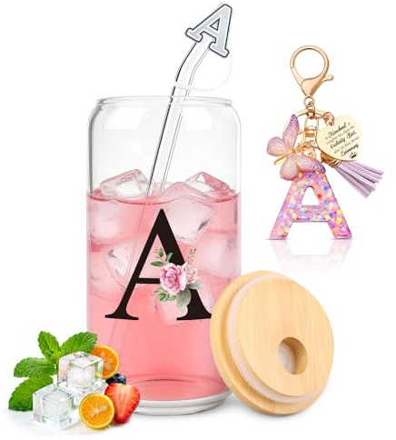 TUZELIYA A-Z Regalos personalizados con letras – Vaso de cristal con tapa y pajita + llavero Letra, regalo para mujeres y niñas, cumpleaños, San Valentín y Navidad, A