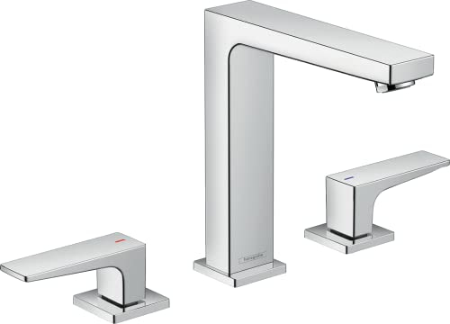 hansgrohe 3-Loch Waschtischarmatur Metropol, Wasserhahn Bad mit Auslauf Höhe 160 mm, mit Push-Open Ablaufgarnitur, Badarmatur wassersparend, Chrom