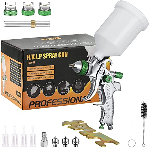 Hukoe HVLP - Pistola de Pintura Profesional de Alta eficiencia y Buena atomización, Pistola de pulverización, 3 boquillas de 1,4 mm, 1,7 mm, 2,0 mm, Taza de 600 CC