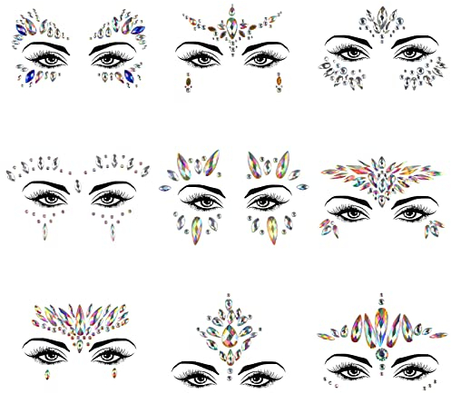 KATOOM 9stk Glitzersteine Gesicht Edelsteine Selbstklebend Strasssteine Tag der Toten Make Up Day Of The Death Strass Steine Aufkleber Körperschmuck Schmucksteine für Karneval Halloween Fasching