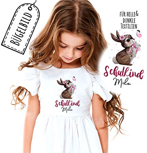 Bügelbilder zum Schulbeginn Häschen mit Schultüte & Wunschname Schulkind Applikation Kissen Shirt Taschen Bügelbild Patch in A5 bb178 ilka parey wandtattoo-welt®