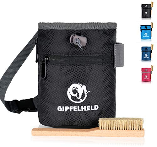 Gipfelheld® Chalkbag Set schwarz mit Boulder-Bürste zum Klettern und Bouldern, Magnesia-Beutel mit Karabiner, Hüftgurt und 2 Taschen, Kreide-Beutel auch für Crossfit und Gewichtheben