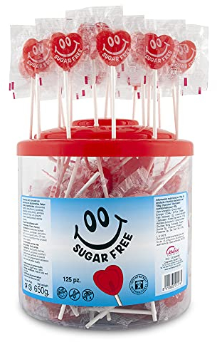 Caramelos Cerdán - Sucettes en Forme de Cœur sans Sucre, Saveur Cerise | Bonbon Dur sans Gluten ni Allergènes | Idéal pour la Saint-Valentin et les Anniversaires | Pot de 125 Unités