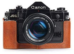 Case for Canon New AE-1 AE-1P A-1 (with Handle), Zakao Handmade Genuine Real Leather Half Camera Case Bag Cover for Canon New AE-1 AE-1P A-1 (with Handle) with Hand Strap (Brown)