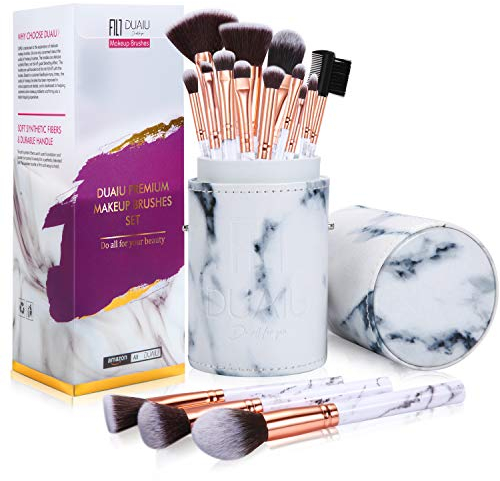 Pinceaux Maquillages FILY DUAIU Set de 15 kit de pinceaux maquillage en marbre professionnels pour les cache-cernes en poudre et le fard à paupières avec un seau en marbre exquis Coffret cadeau
