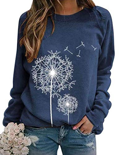 Dresswel Women Dandelion Print Sweatshirt Crew Neck Long Sleeve Tops Basic Jumper Tunic Blouse Shirts