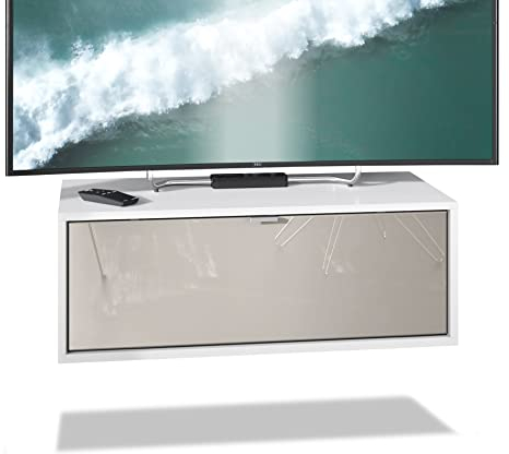 Vladon TV Board Lana 80 Hängeschrank Lowboard 80 x 29 x 37 cm, Made in Germany, Korpus in Weiß matt, Fronten in Sandgrau Hochglanz | Große Farbauswahl