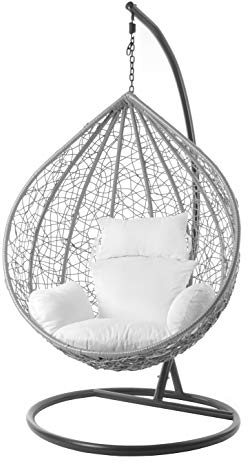Kideo® Komplettset: großer Hängesessel mit Gestell & Kissen, Lounge Möbel, Poly-Rattan, XXL, grau (Kissen: weiß Nest (1000 Snow))
