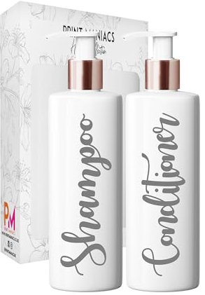 Print Maniacs White Mrs Hinch Inspired Personalised 500ml Bottles Bathroom Shampoo Conditioner Rose Gold Pump (Set 2) (Grey)