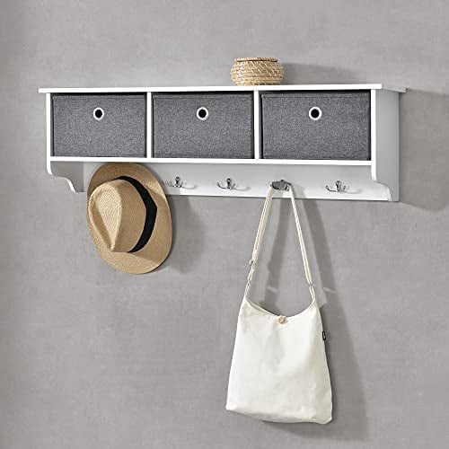 Appendiabiti da Parete con 5 Ganci, Piano di Appoggio e 3 Scatole Portaoggetti - Attaccapanni da Muro (AxLaxP) 30x100x20 cm Struttura Bianca + 3 Contenitori in Tessuto Grigio