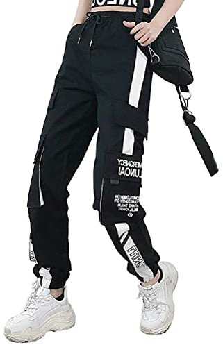 ORANDESIGNE Damen Cargo Hose Freizeithosen Arbeit Kampf Techwear Hosen Hip Hop Jogger Hosen Baggy Streetwear Punk Hose mit Mehrere Taschen H Schwarz XS