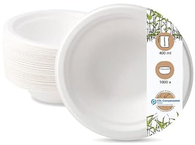 BIOZOYG Einwegschalen 1000 Stück 400 ml Ø 16 cm weiß - Suppenteller aus Zuckerrohr Partygeschirr Einwegteller Suppenschalen - Bowl Pastateller, tiefe Teller stabil