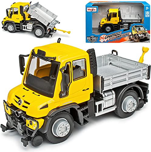 Maisto Mercedes-Benz Unimog Strassenreinigung mit Pritsche Gelb ca 1/43 Modell Auto