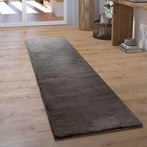 Paco Home Hochflor Teppich Wohnzimmer Schlafzimmer Shaggy Modern Flauschiger Fellteppich Weich Fell Imitat Kunstfell Einfarbig, Grösse:100x200 cm, Farbe:Dunkelgrau