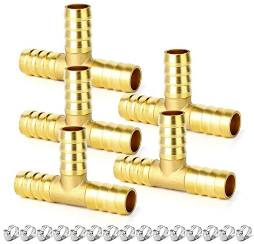 ERGAOBOY 5 Pcs 13mm Brass Hose Barb Tee, 3 Way T Shaped Hose Fitting with 15 Pcs Clamps