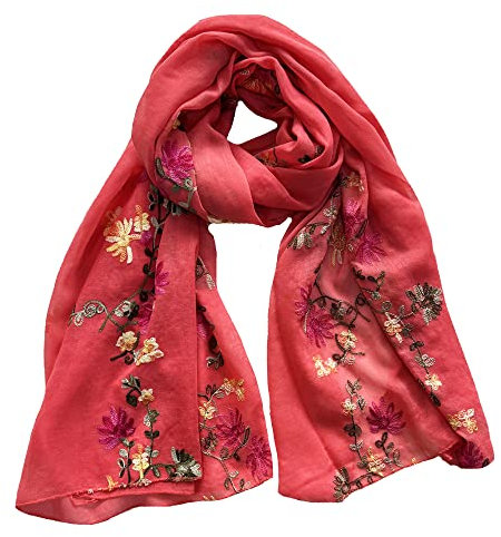Lina & Lily Damen Schal mit Blumen Bestickt in Verschiedenen Farben (Koralle)