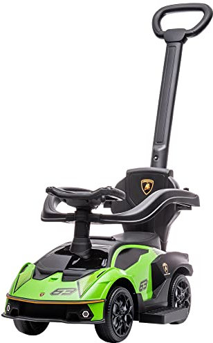 AIYAPLAY 2 en 1 Coche Correpasillos para Niños 12-36 Meses Lamborghini Essenza SCV12 Andador Empujador con Bocina Mango de Empuje y Barandilla Extraíbles 86,5x40x89,5 cm Verde y Negro