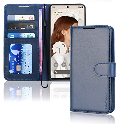 TECHGEAR Pixel 7 Pro Leather Wallet Case, Flip Protective Case Cover with Wallet Card Holder, Stand and Wrist Strap - Blue PU Leather with Magnetic Closure Designed For Google Pixel 7 Pro