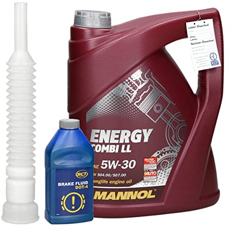 MANNOL Motoröl Energy Combi LL SAE 5W-30 API SN 5L Longlife Motorenöl + MANNOL Bremsflüssigkeit DOT-4 Brake Fluid 0,5L inkl. Ausgießer und Ölwechselanhänger