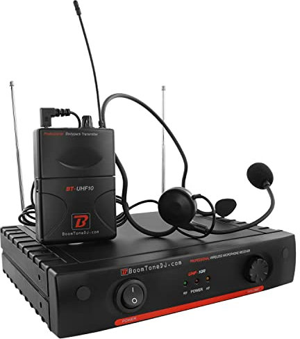 Système sans fil UHF BoomToneDJ UHF 10HL F5 avec Récepteur mono canal Diversity + 1 micro serre-tête lavalier dynamique sans fil. Commutateur Mute et ON/OFF. Idéal pour Conférences, Spectacle, Karaoké