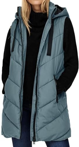 JdY Damen 3/4-lange Steppweste mit Kapuze JDYSkylar Padded Hood Waistcoat 15220630 Stormy Weather/Black L