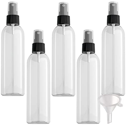PQPAUTY 5 Piezas Pequeño 200ml Botella de Spray Plástico PET Vacías Transparentes con Bomba en Spray Negro, Niebla Atomizador para Perfume Viaje Artículos de Agua Cosmético,1 Pieza Embudo