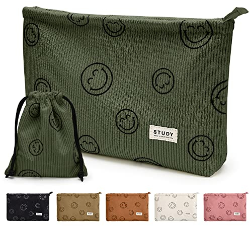 WLLWOO Make-up-Tasche, 2 Stück, Smile Face, Kord, Kosmetiktasche, Reißverschluss, Innenmaterial, wasserdicht, Münzetui, Reise-Kulturbeutel, kleine Make-up-Tasche für Frauen, Militär, Grün