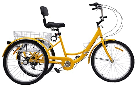 OUKANING Dreirad Für Erwachsene 24 Zoll 3 Rad Fahrrad Klappfahrrad, Mit Becherhalter+Korb+Scheinwerfer, 7 Gang, Kotflügel, Rutschfester Griff, Geschenk (Gelb)