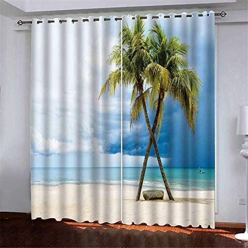 Gardine Verlässt Strandhimmel 140 (B) X 160 (H) cm Vorhänge Wohnzimmer Vorhang Kinderzimmer,3D Curtains, Fenster Für Küche Schlafzimmer Wohnzimmer, 2Er Set/Uv-Schutz/Schalldämmung